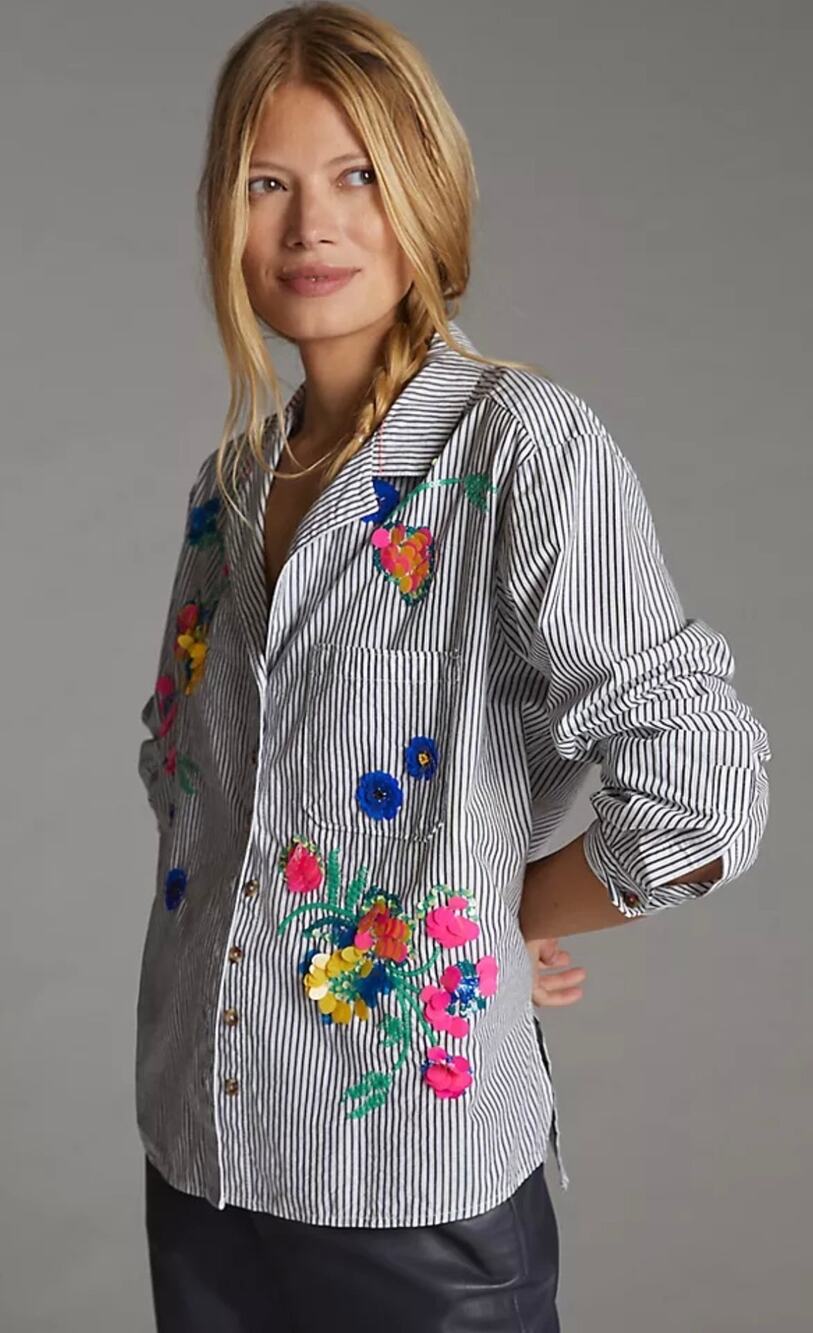 Anthropologie Maeve Embroidered Sequin Button Down Top Size 12